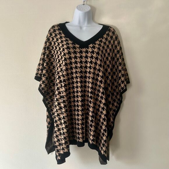 TALBOTS Houndstooth Poncho Sweater Cape 100% Cotton S/M Tan & Black NEW, No Tags - Picture 1 of 9